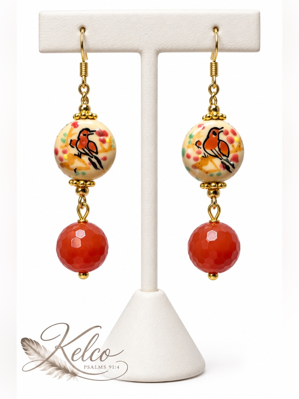 Hand-Painted Tensha Bird & Carnelian Agate Earrings — 2”